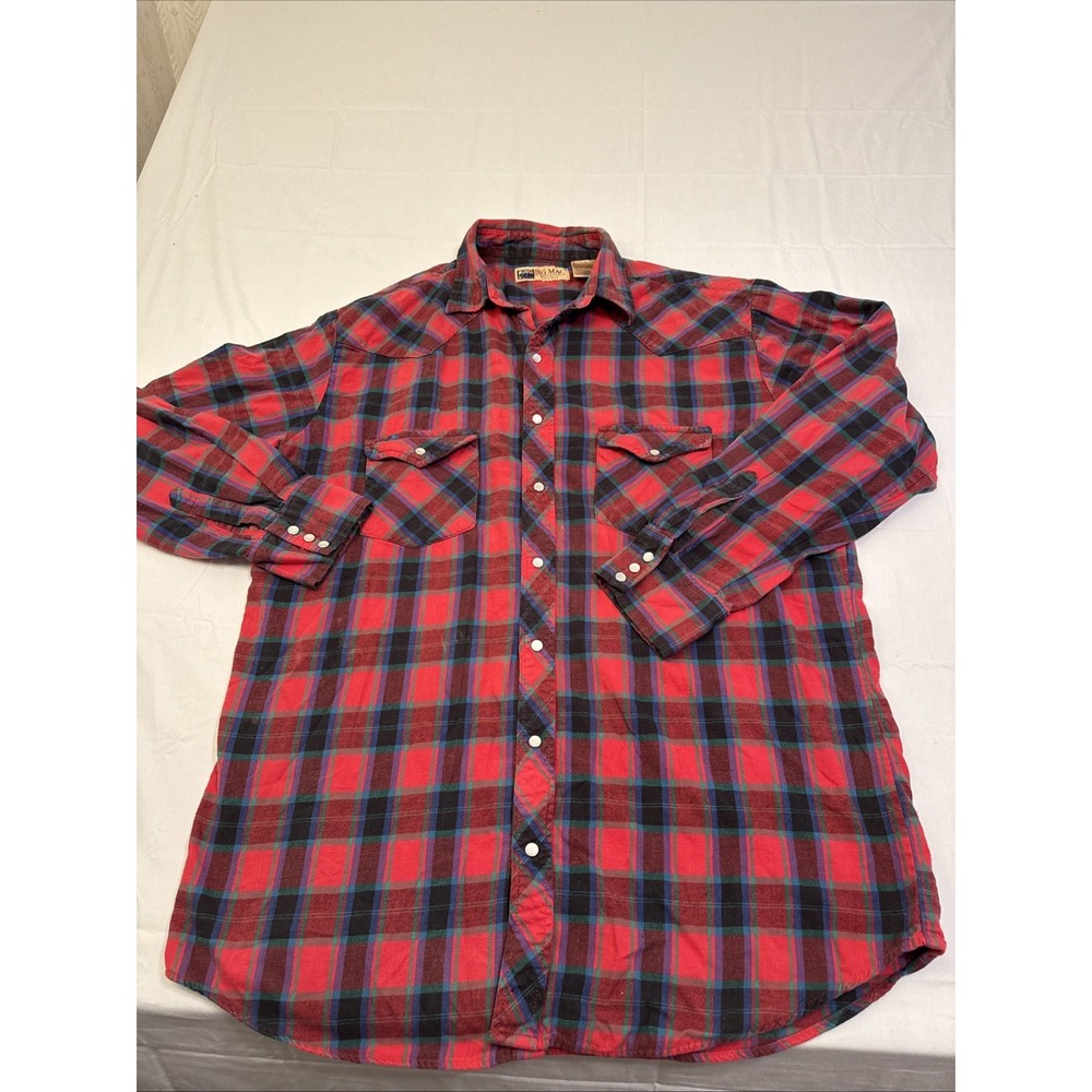 FLANNEL SHIRT Tall Men XLXT Red Plaid Pearl Snaps Work 25.5x33"VTG BIG MAC